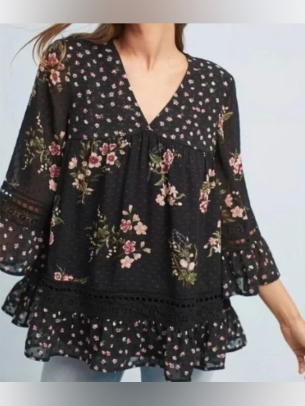 Anthropologie Maeve Steffy Blouse Romantic Boho Black Floral XS